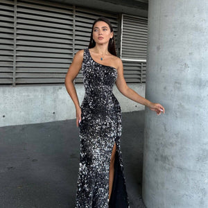 Antrasit pullu tek omuz yırtmaçlı abiye elbise - WoolnClyde