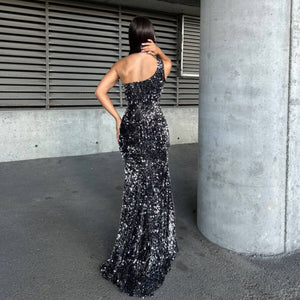 Antrasit pullu tek omuz yırtmaçlı abiye elbise - WoolnClyde