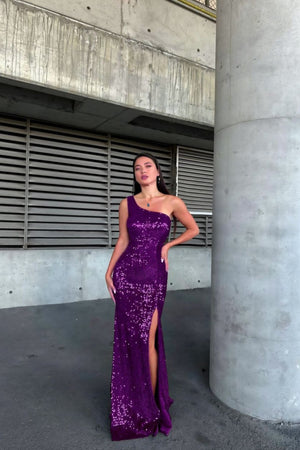 Mor pullu tek omuz yırtmaçlı abiye elbise - WoolnClyde