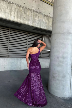 Mor pullu tek omuz yırtmaçlı abiye elbise - WoolnClyde