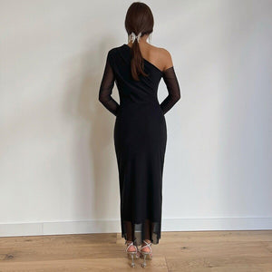 Siyah asimetrik yaka tül kollu midi davet elbisesi - WoolnClyde