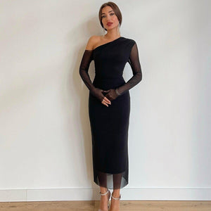 Siyah asimetrik yaka tül kollu midi davet elbisesi - WoolnClyde