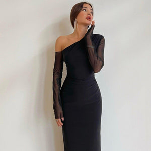 Siyah asimetrik yaka tül kollu midi davet elbisesi - WoolnClyde