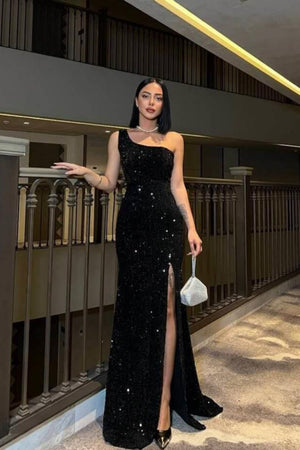 Siyah pullu tek omuz yırtmaçlı abiye elbise - WoolnClyde