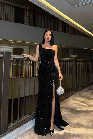 Siyah pullu tek omuz yırtmaçlı abiye elbise - WoolnClyde