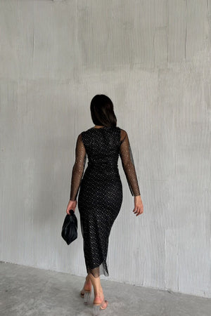 Siyah simli dik yaka tül kollu midi elbise - WoolnClyde