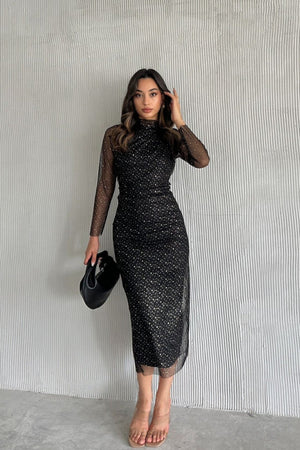 Siyah simli dik yaka tül kollu midi elbise - WoolnClyde