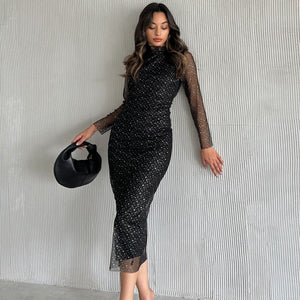 Siyah simli dik yaka tül kollu midi elbise - WoolnClyde