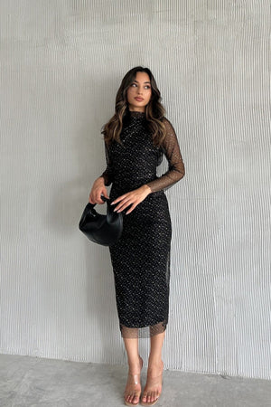 Siyah simli dik yaka tül kollu midi elbise - WoolnClyde