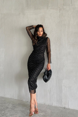 Siyah simli dik yaka tül kollu midi elbise - WoolnClyde