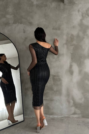 Siyah simli asimetrik yaka tül kollu midi davet elbisesi - WoolnClyde