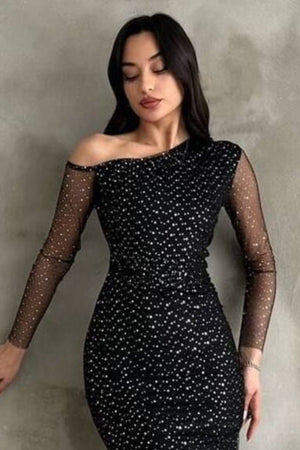 Siyah simli asimetrik yaka tül kollu midi davet elbisesi - WoolnClyde