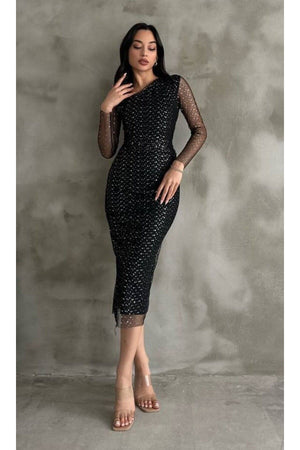 Siyah simli asimetrik yaka tül kollu midi davet elbisesi - WoolnClyde