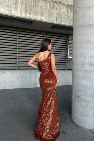 Turuncu pullu tek omuz yırtmaçlı abiye elbise - WoolnClyde