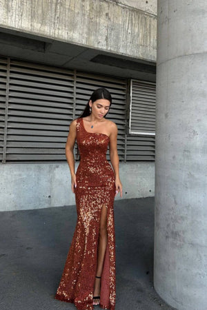 Turuncu pullu tek omuz yırtmaçlı abiye elbise - WoolnClyde