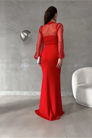 Woolnclyde Kırmızı Puantiyeli Tül Detaylı Yırtmaçlı Maxi Mezuniyet Gecesi Abiyesi Sırt Arka Detay