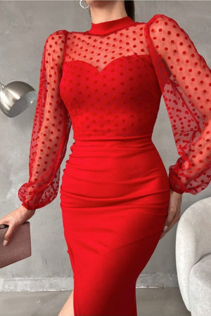 Woolnclyde Kırmızı Puantiyeli Tül Detaylı Yırtmaçlı Maxi Mezuniyet Gecesi Abiyesi Ön Detay