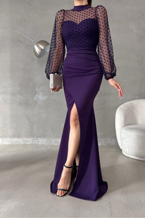 WoolnClyde Mor Puantiyeli Tül Detaylı Dik Yaka Yırtmaçlı Maxi Abiye Elbise