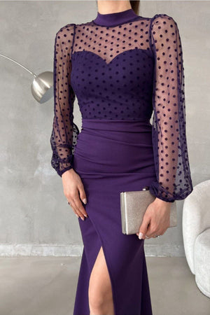 WoolnClyde Mor Puantiyeli Tül Detaylı Uzun Kollu Drapeli Maxi Abiye Elbise