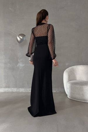 WoolnClyde Siyah Pullu Tek Omuz Maxi Abiye Elbise Arka Detayı ve Fit Kesim