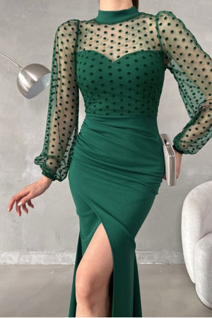 Woolnclyde Yeşil Puantiyeli Tül Detaylı Yırtmaçlı Maxi Mezuniyet Gecesi Abiyesi Ön Detay