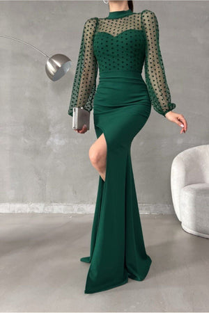 Wolnclyde Yeşil Krep Kumaş Derin Yırtmaçlı Düğün Nikah Abiyesi