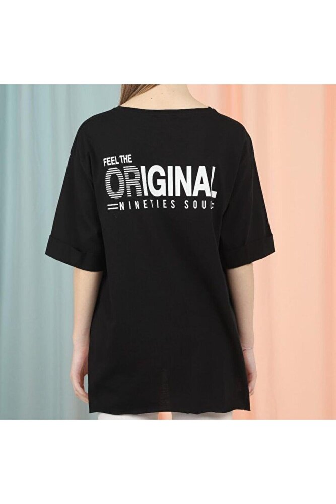 Kadın Günlük Yazılı Ve Baskılı Koton Oversize Rahat Kesim Kısa Kollu Yuvarlak Yaka Tshirt