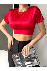 Kadın Sırt Dekolteli Detay Bağlamalı Dokuma Saten Kumaş Kısa Kollu Crop Top Saten Bluz