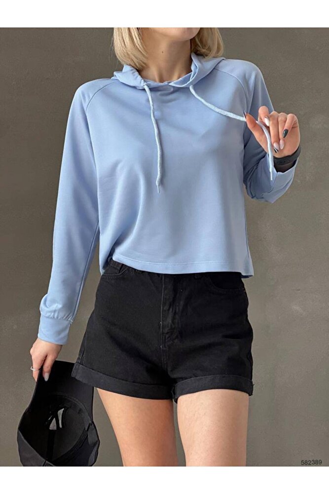 Kadın Pudra Düz Renk Oversize Kalıp Kapüşonlu Hoodie Baskısız Basic Sweatshirt