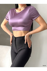 Kadın Sırt Dekolteli Detay Bağlamalı Dokuma Saten Kumaş Kısa Kollu Crop Top Saten Bluz