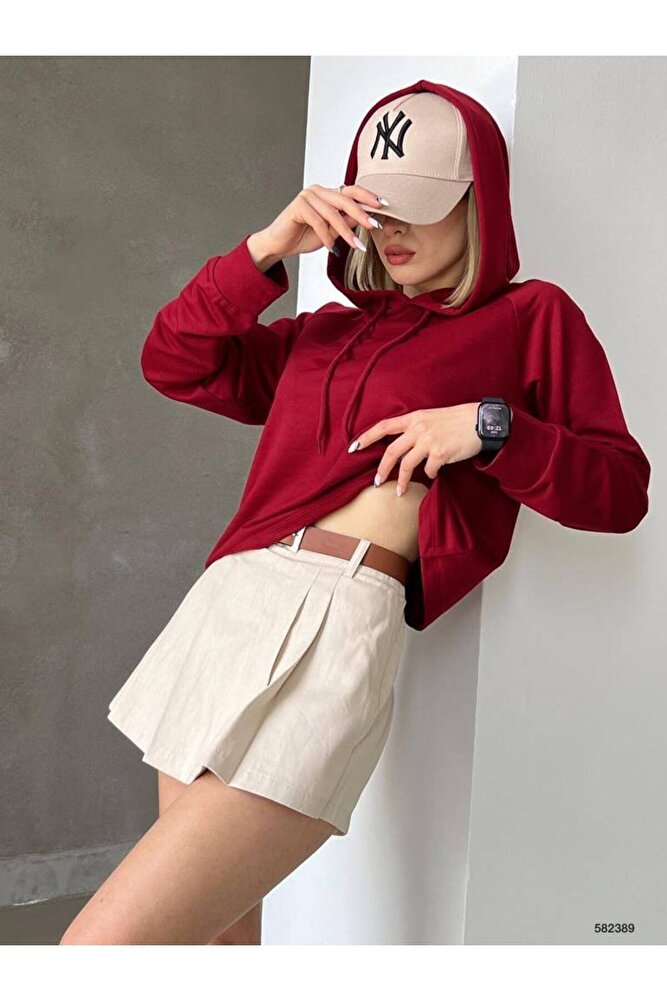 Kadın Pudra Düz Renk Oversize Kalıp Kapüşonlu Hoodie Baskısız Basic Sweatshirt