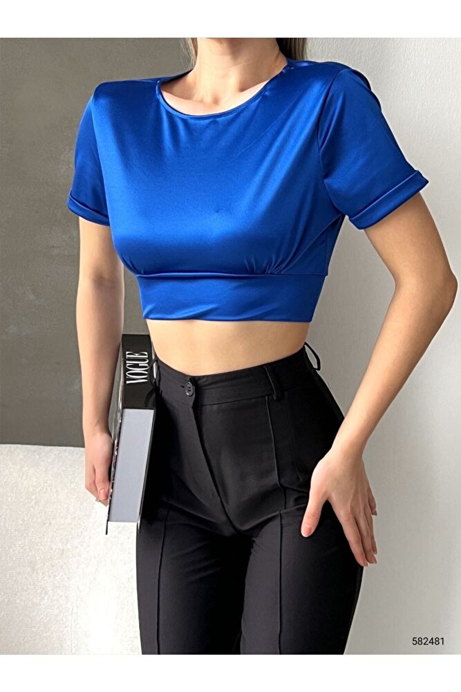 Kadın Sırt Dekolteli Detay Bağlamalı Dokuma Saten Kumaş Kısa Kollu Crop Top Saten Bluz