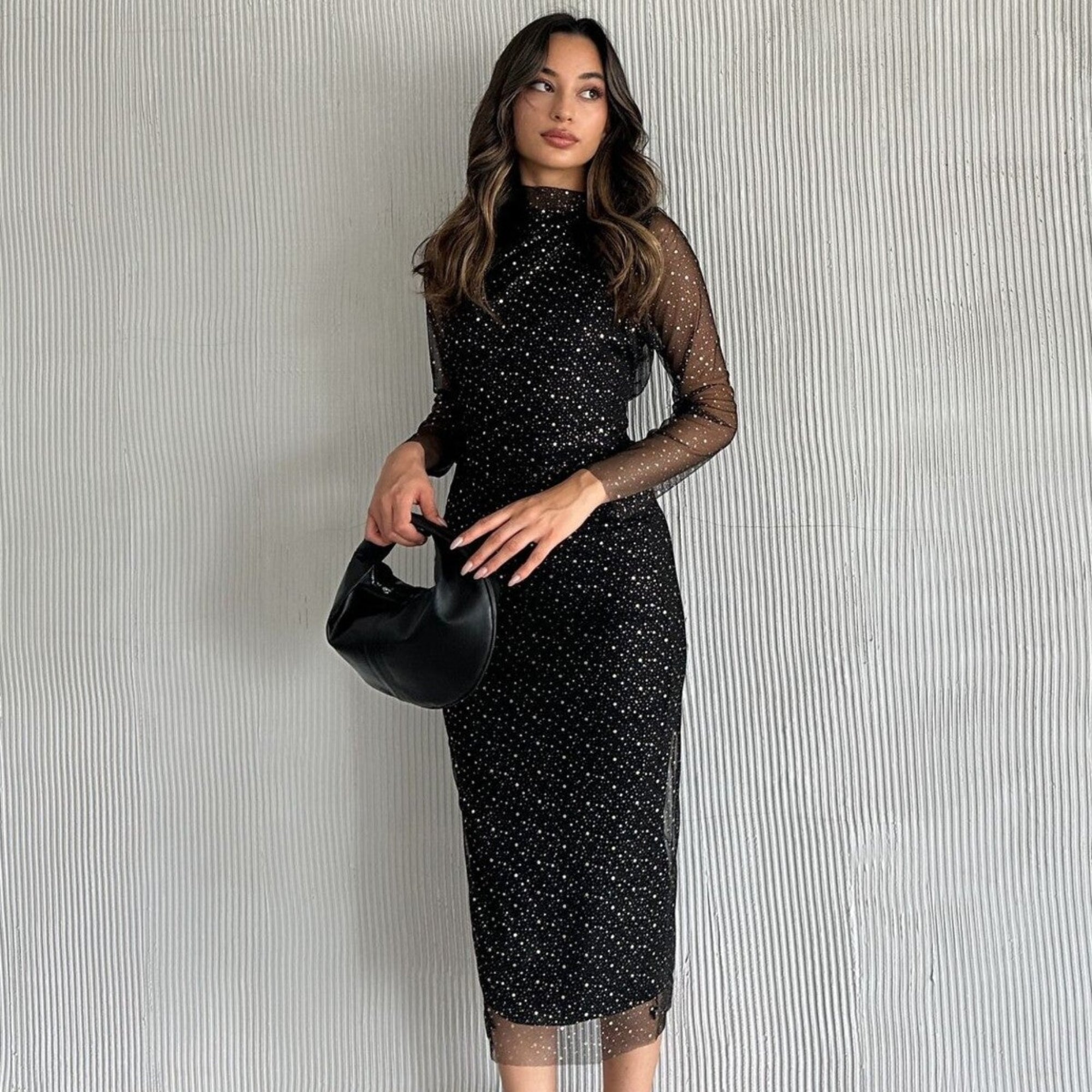 Siyah simli dik yaka tül kollu midi elbise - WoolnClyde