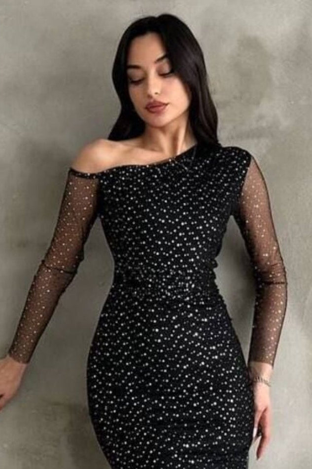 Siyah simli asimetrik yaka tül kollu midi davet elbisesi - WoolnClyde