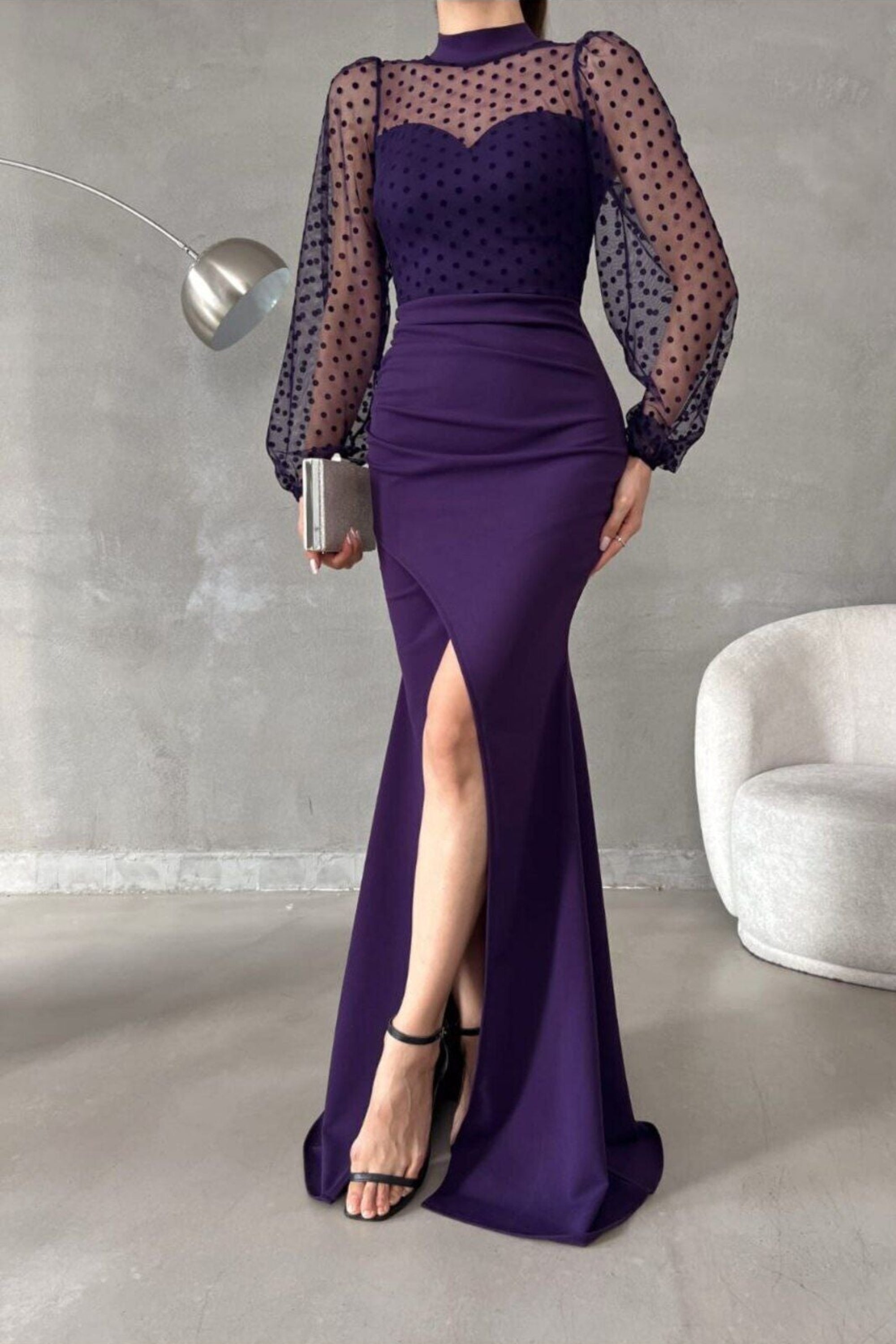 WoolnClyde Mor Puantiyeli Tül Detaylı Kapalı Yaka Esnek Maxi Abiye Elbise